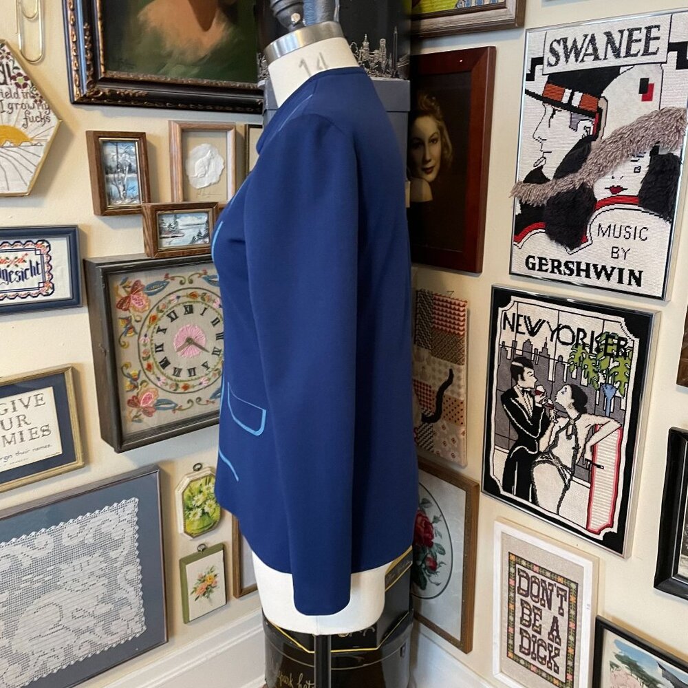 70s Vintage Blue Polyester Long-Sleeve Tuxedo Graphic Print Top Size L - Picture 3 of 4